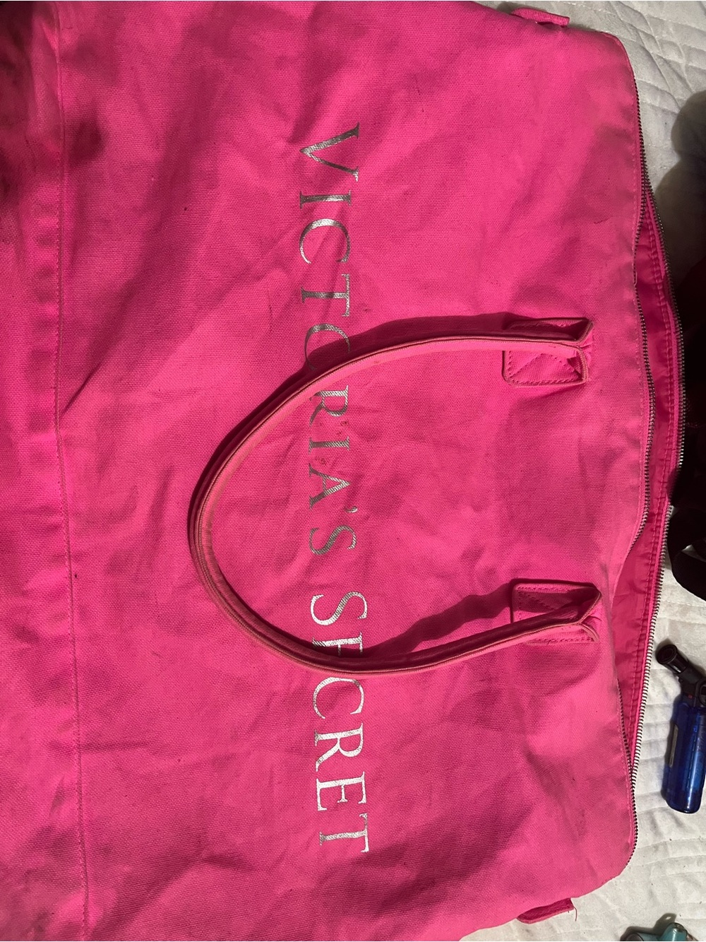 Victoria's Secret Bright Pink Canvas Tote with Silver Logo